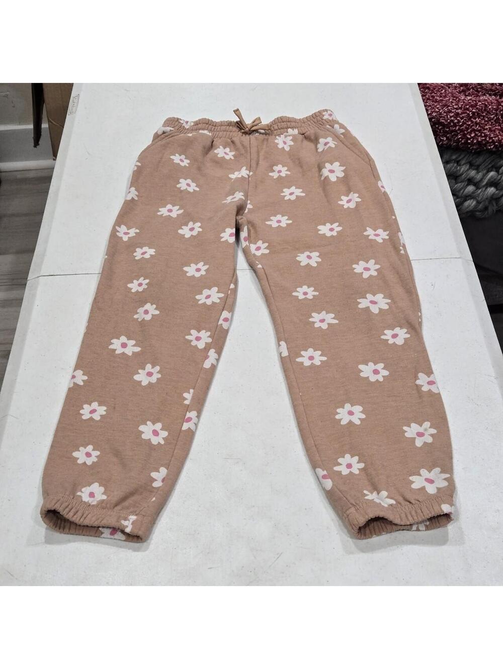 -Brown and pink daisy print sweatpants